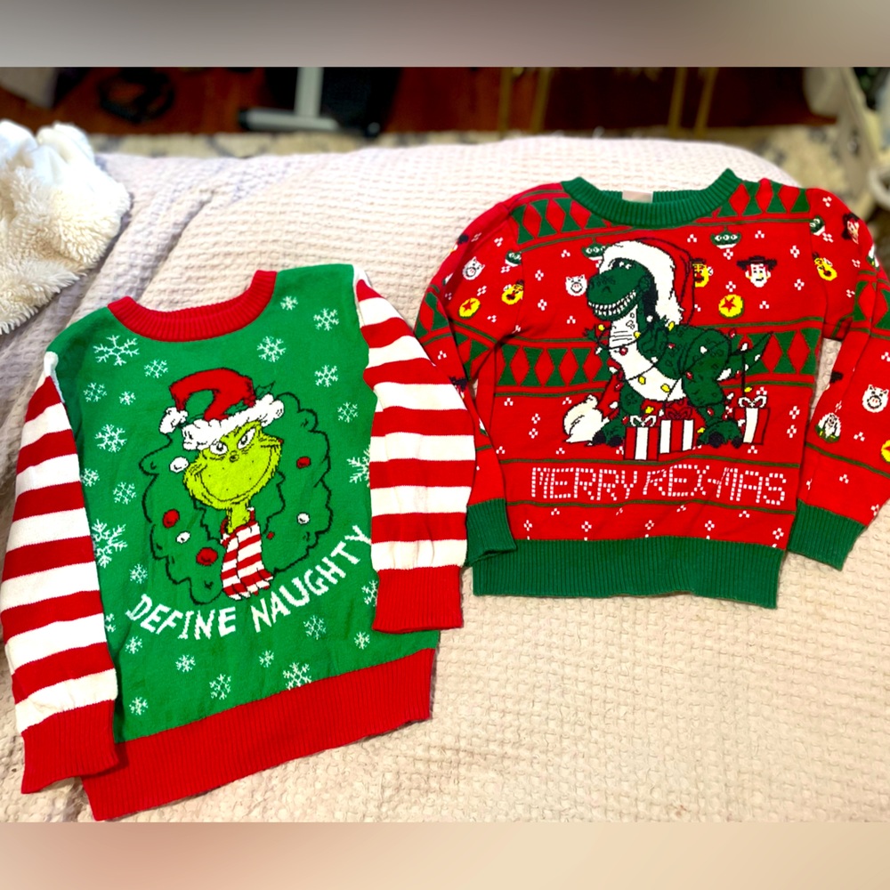 Christmas sweaters Rex is 3T, Grinch is 4T, plain backs